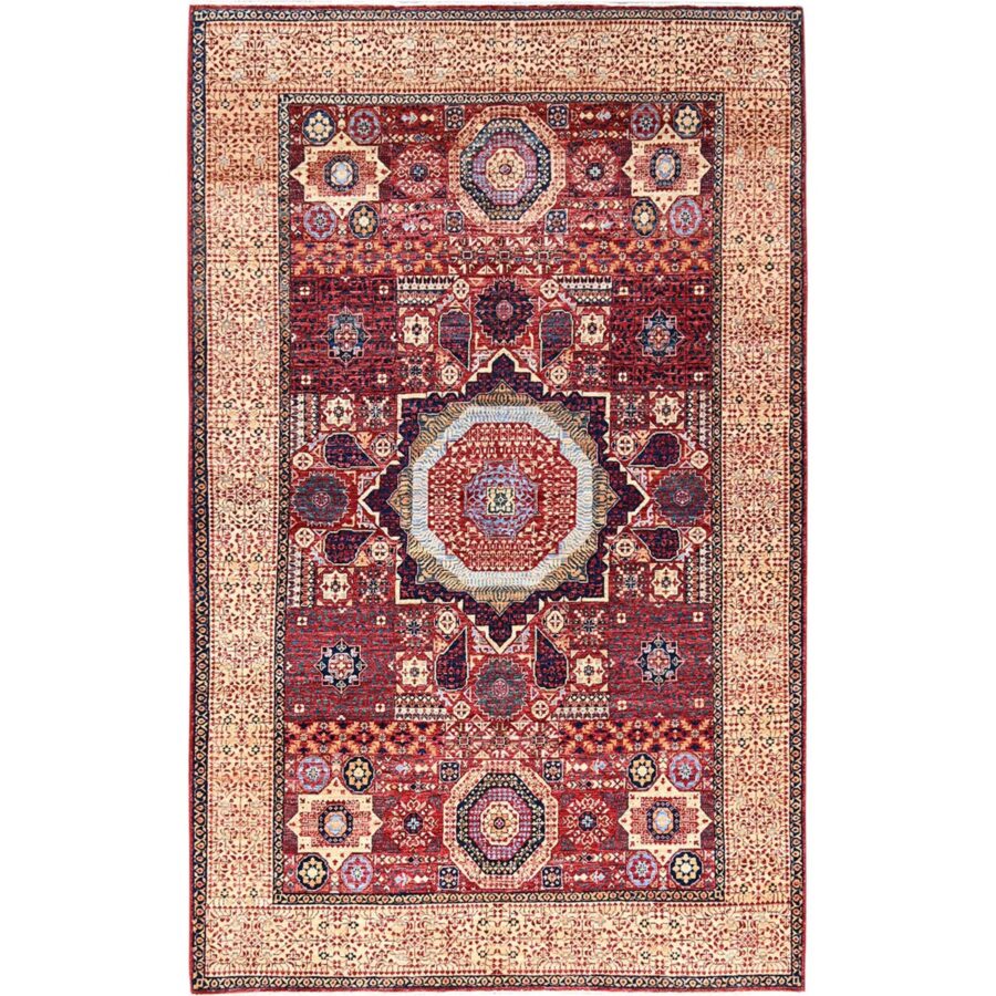 5'9"x9'7" Vermilion Red, Hand Knotted, 14th Century Mamluk Dynasty Pattern, 200 KPSI, Natural Dyes, Pure Wool, Oriental Rug Sh85882
