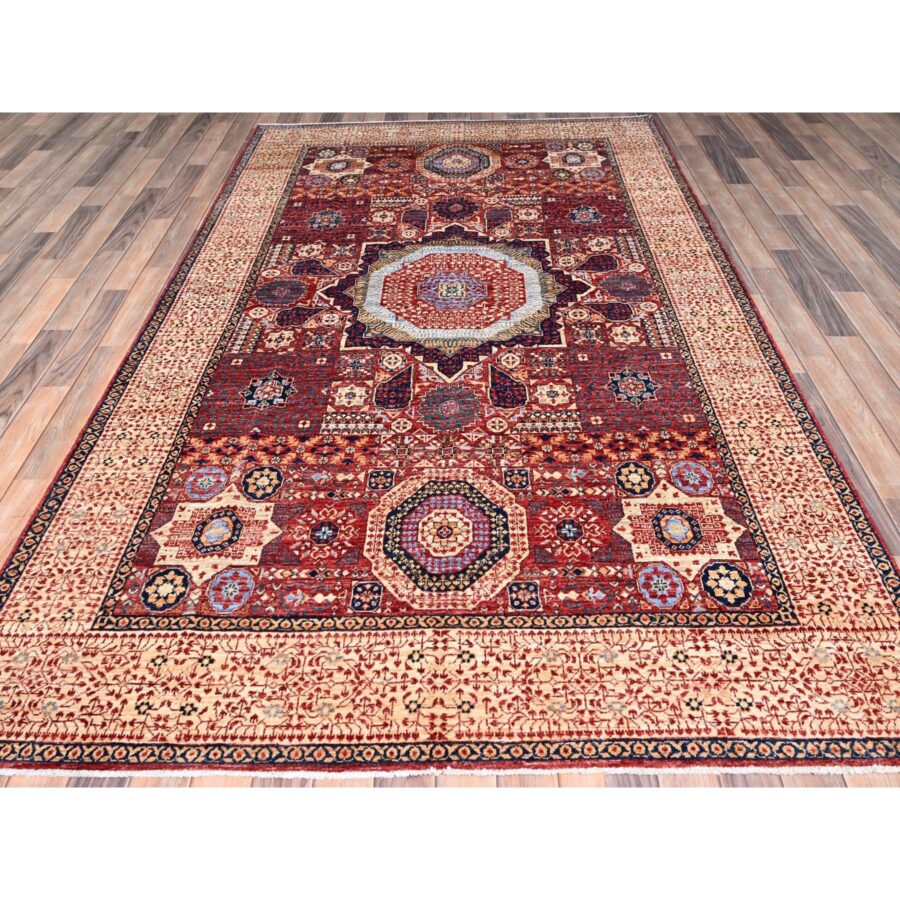 5'9"x9'7" Vermilion Red, Hand Knotted, 14th Century Mamluk Dynasty Pattern, 200 KPSI, Natural Dyes, Pure Wool, Oriental Rug Sh85882 - Image 2