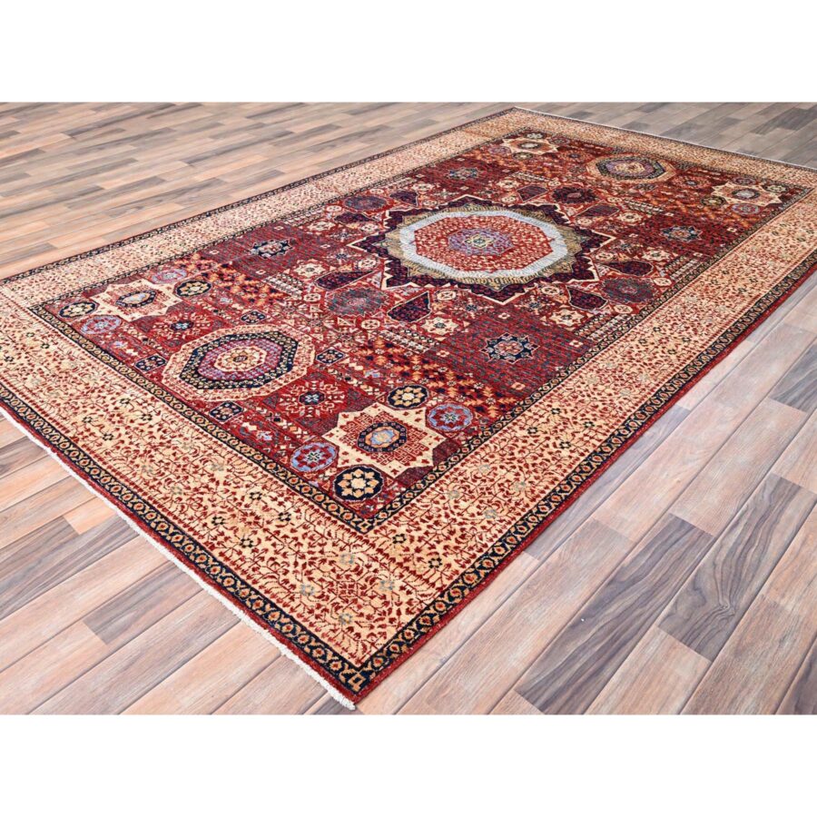 5'9"x9'7" Vermilion Red, Hand Knotted, 14th Century Mamluk Dynasty Pattern, 200 KPSI, Natural Dyes, Pure Wool, Oriental Rug Sh85882 - Image 3