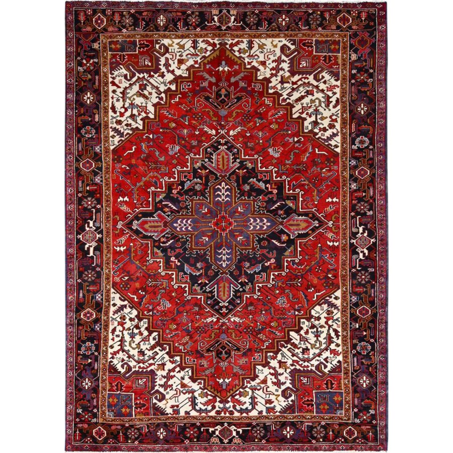 8'x11'3" Venetian Red, Good Condition, Hand Knotted Sides and Ends Professionally Secured, Cleaned, Semi Antique Evenly Worn Wool Persian Heriz with Tribal Ambience, Oriental Rug Sh85893