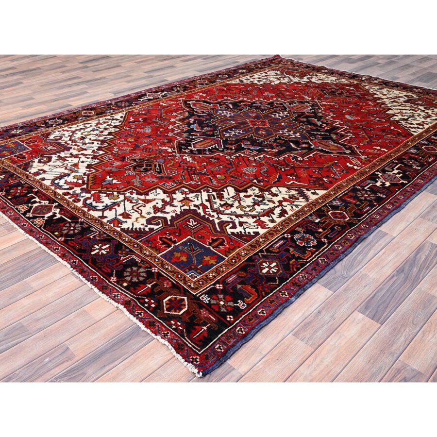 8'x11'3" Venetian Red, Good Condition, Hand Knotted Sides and Ends Professionally Secured, Cleaned, Semi Antique Evenly Worn Wool Persian Heriz with Tribal Ambience, Oriental Rug Sh85893 - Image 3