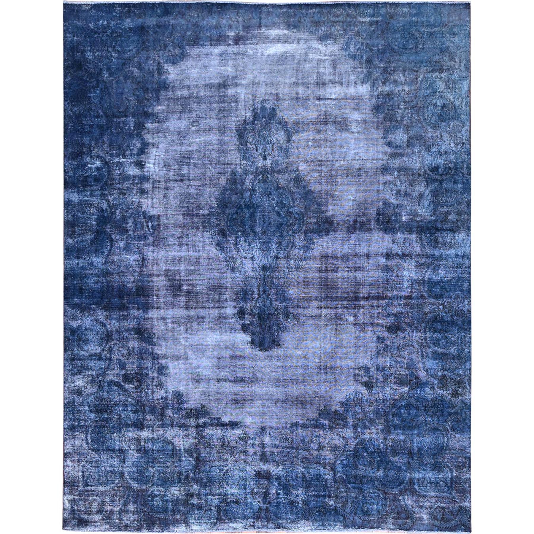 8'3"x10'9" Nightshadow Blue, Overdyed, Vintage Persian Kerman, Extra Soft Wool, Worn and Distressed, Tone on Tone, Shaved Down, Hand Knotted, Cleaned with Sides and Edges Professionally Secured Oriental Rug Sh86112