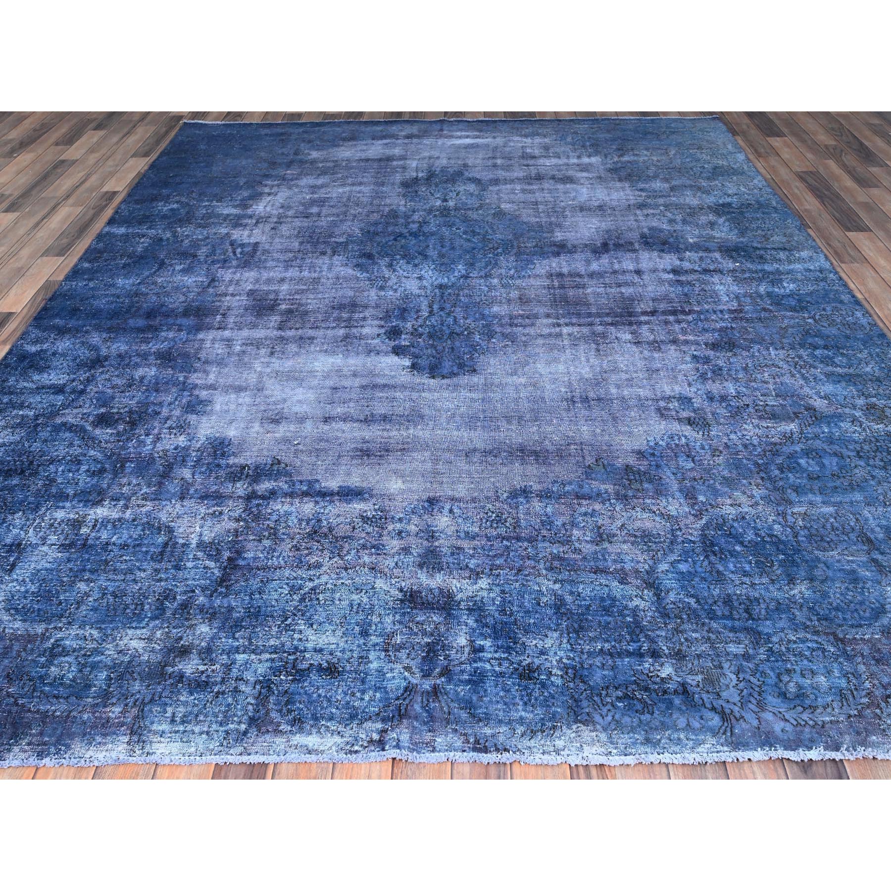 8'3"x10'9" Nightshadow Blue, Overdyed, Vintage Persian Kerman, Extra Soft Wool, Worn and Distressed, Tone on Tone, Shaved Down, Hand Knotted, Cleaned with Sides and Edges Professionally Secured Oriental Rug Sh86112 - Image 2