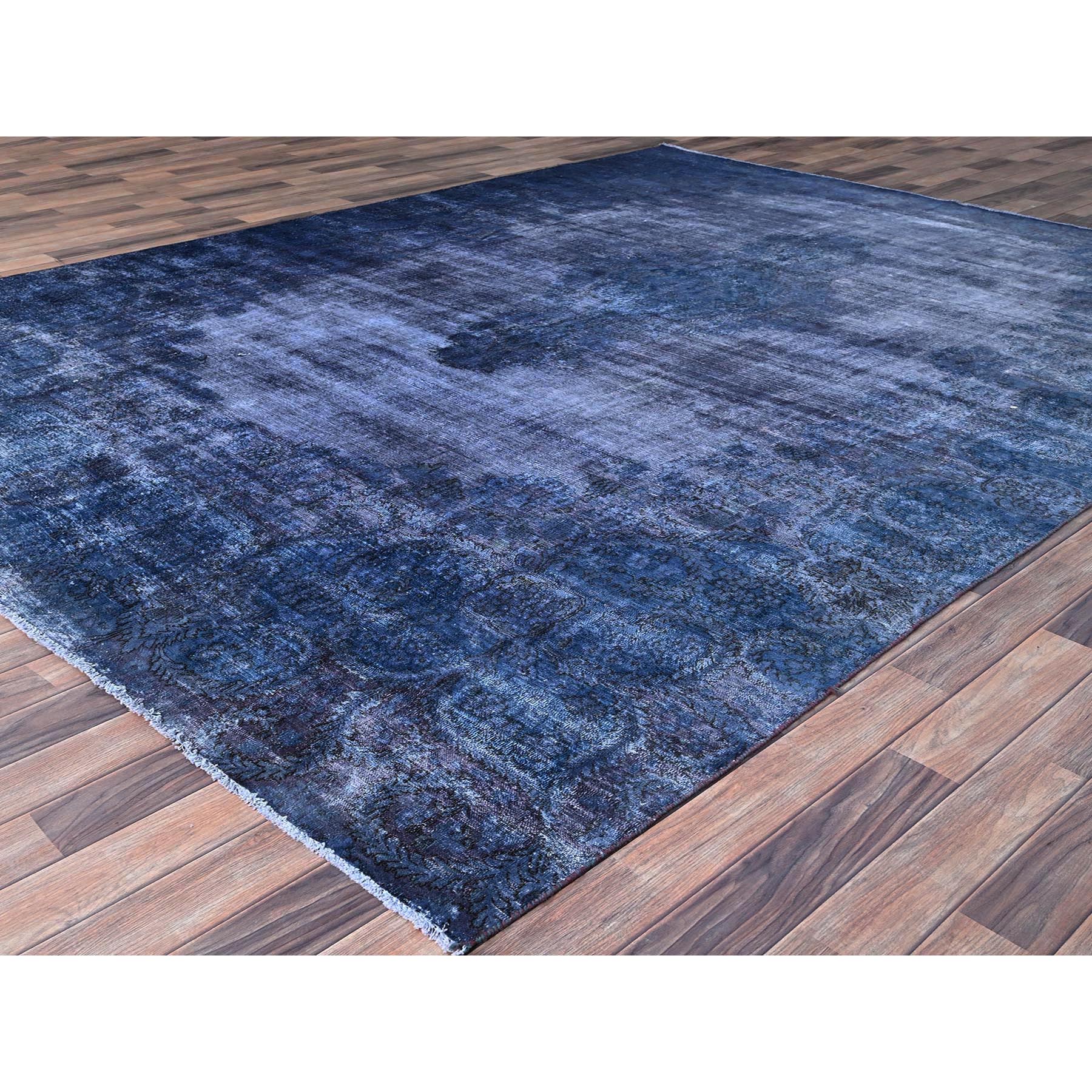 8'3"x10'9" Nightshadow Blue, Overdyed, Vintage Persian Kerman, Extra Soft Wool, Worn and Distressed, Tone on Tone, Shaved Down, Hand Knotted, Cleaned with Sides and Edges Professionally Secured Oriental Rug Sh86112 - Image 3