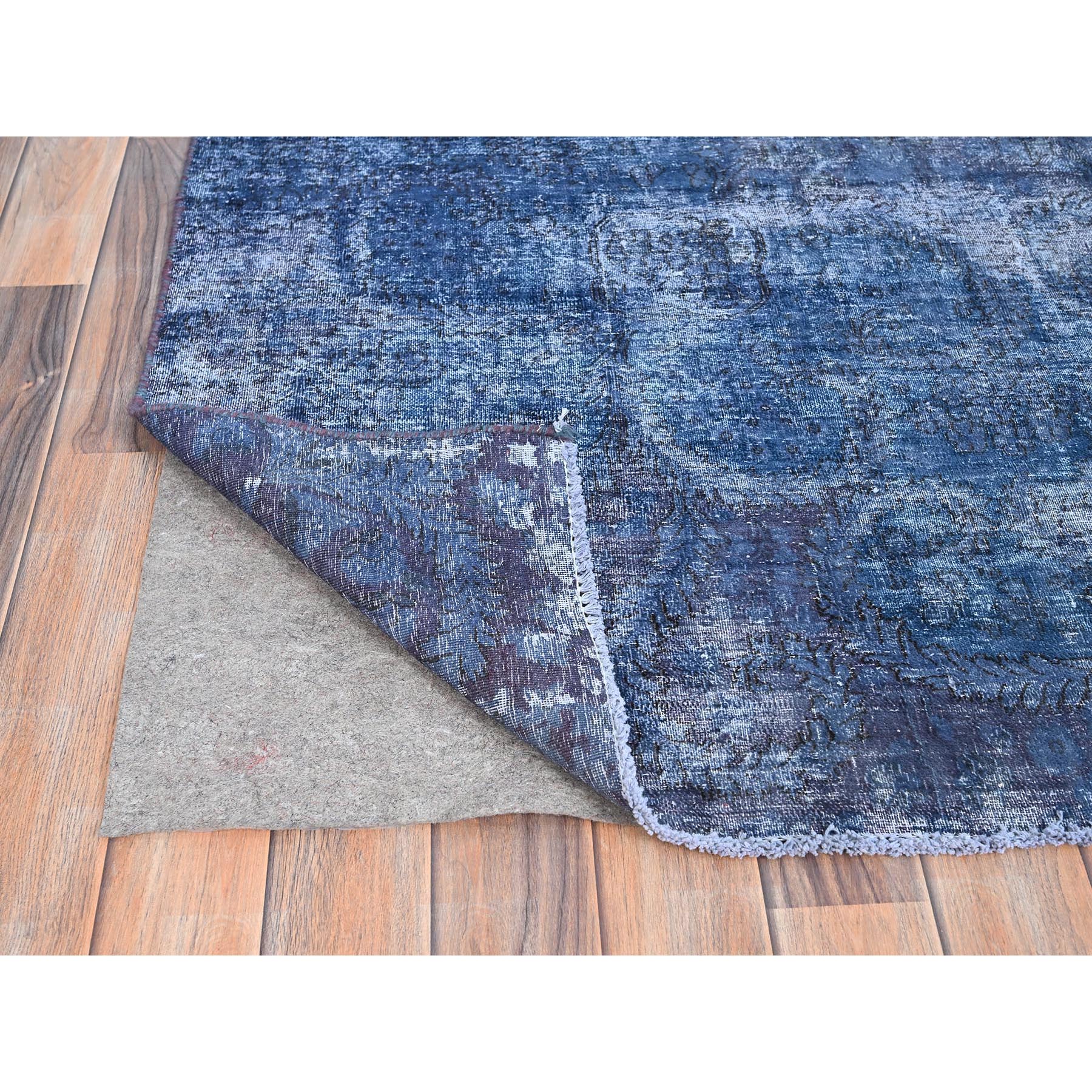 8'3"x10'9" Nightshadow Blue, Overdyed, Vintage Persian Kerman, Extra Soft Wool, Worn and Distressed, Tone on Tone, Shaved Down, Hand Knotted, Cleaned with Sides and Edges Professionally Secured Oriental Rug Sh86112 - Image 4