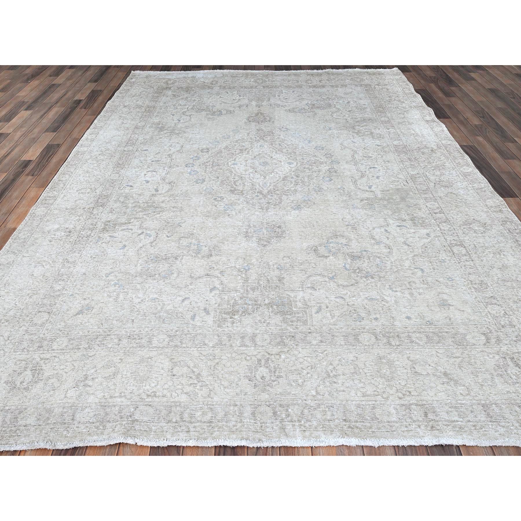 8'1"x10'10" Brilliant White, Vintage Persian White Wash Tabriz With Touches Of Blue, Hand Knotted Sheared Low, Cropped Thin, 100% Wool Distressed Look and Evenly Worn, Sides and Ends Secured, Professionally Cleaned, Oriental Rug Sh86115 - Image 2