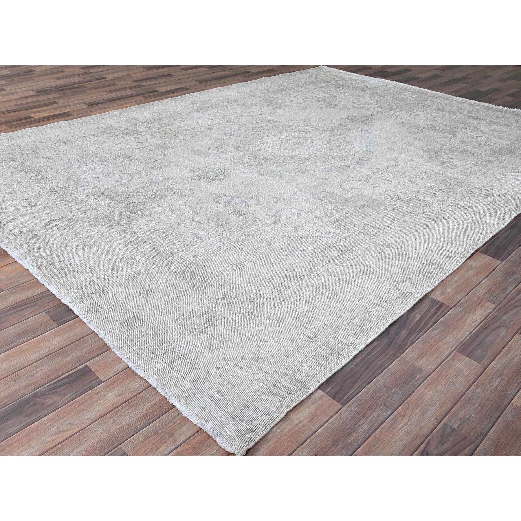 8'1"x10'10" Brilliant White, Vintage Persian White Wash Tabriz With Touches Of Blue, Hand Knotted Sheared Low, Cropped Thin, 100% Wool Distressed Look and Evenly Worn, Sides and Ends Secured, Professionally Cleaned, Oriental Rug Sh86115 - Image 3