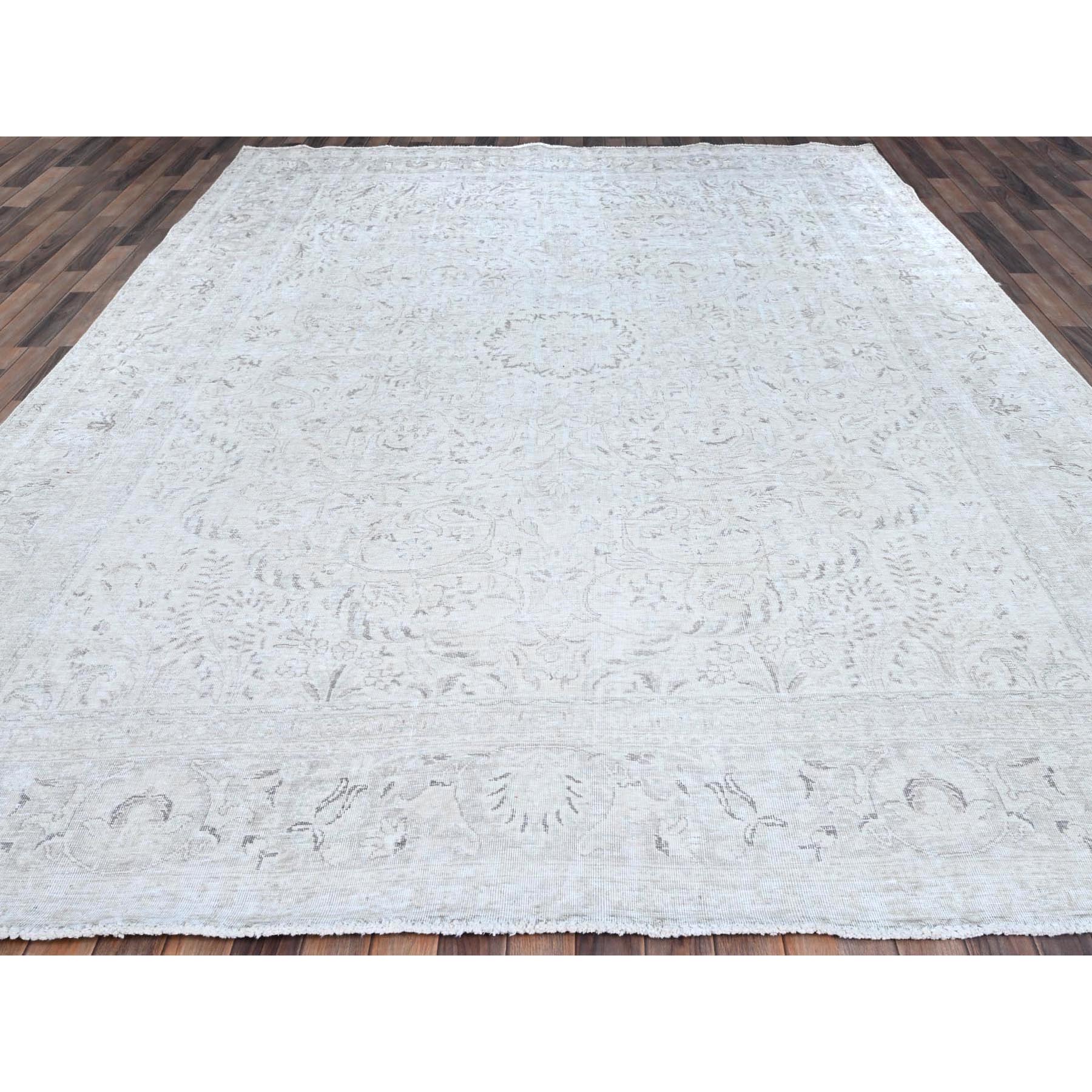 9'4"x12'1" Intense White, Vintage Persian Tabriz, Seared Low, Cropped Thin, Great Condition, Sides and Ends Professionally Secured, Cleaned, Hand Knotted Evenly Worn 100% Wool, Oriental Rug Sh86192 - Image 2