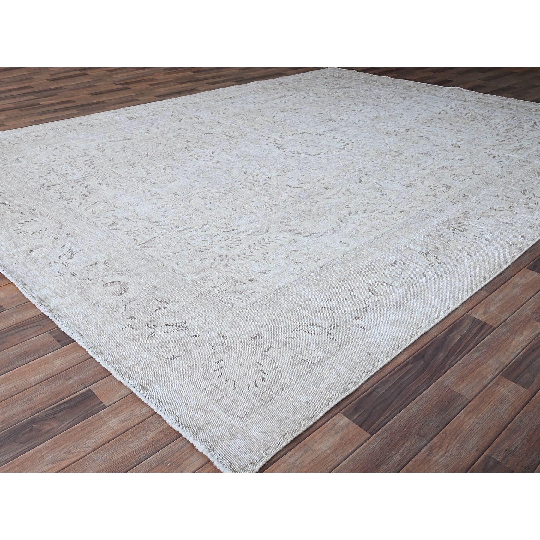 9'4"x12'1" Intense White, Vintage Persian Tabriz, Seared Low, Cropped Thin, Great Condition, Sides and Ends Professionally Secured, Cleaned, Hand Knotted Evenly Worn 100% Wool, Oriental Rug Sh86192 - Image 3