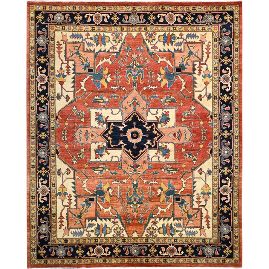 8'2"x10' Arabesque Red With Penn Blue, Velvety Wool Hand Knotted, Afghan Serapi Heriz  Natural Dyes, Oriental Rug Sh86201