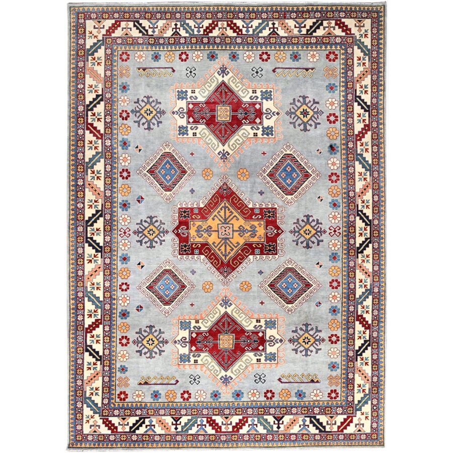 9'10"x13'8" Ice Gray, Hand Knotted Special Kazak Geometric Design, Extra Soft Wool With Vegetable Dyes, Oriental Dense Weave Rug Sh86213