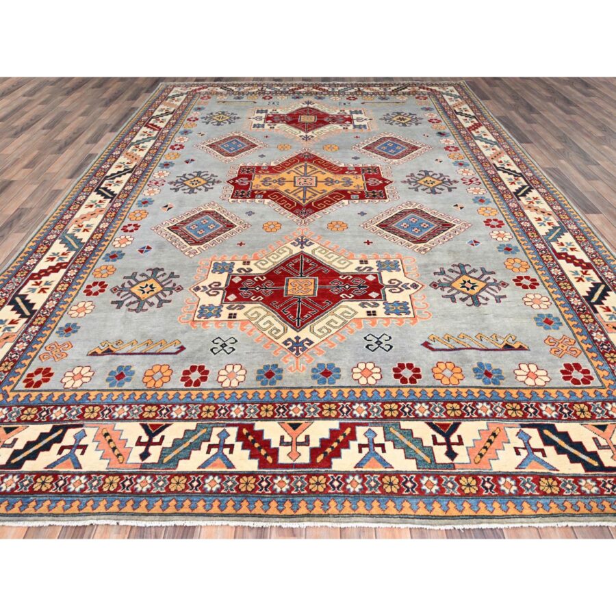 9'10"x13'8" Ice Gray, Hand Knotted Special Kazak Geometric Design, Extra Soft Wool With Vegetable Dyes, Oriental Dense Weave Rug Sh86213 - Image 2