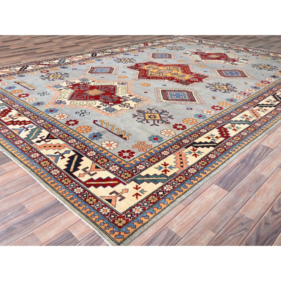 9'10"x13'8" Ice Gray, Hand Knotted Special Kazak Geometric Design, Extra Soft Wool With Vegetable Dyes, Oriental Dense Weave Rug Sh86213 - Image 3