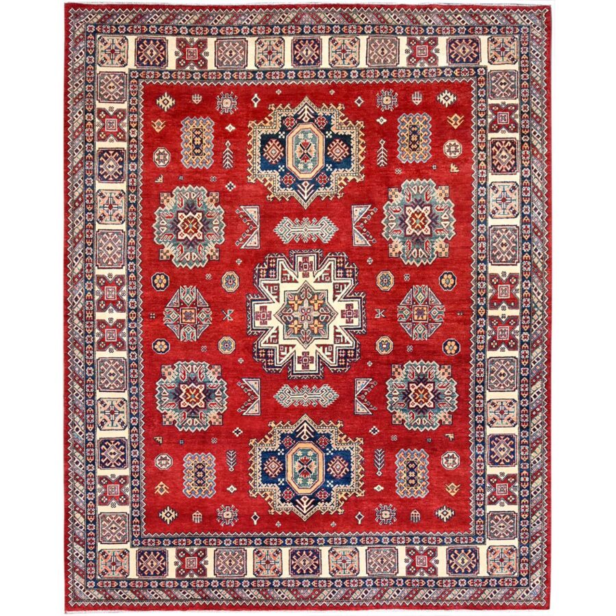8'2"x10' Geranium Red and Acadia White Border, Special Kazak With Large Elements, Dense Weave Hand Knotted With Vegetable Dyes, Oriental Pure Wool Rug Sh86216