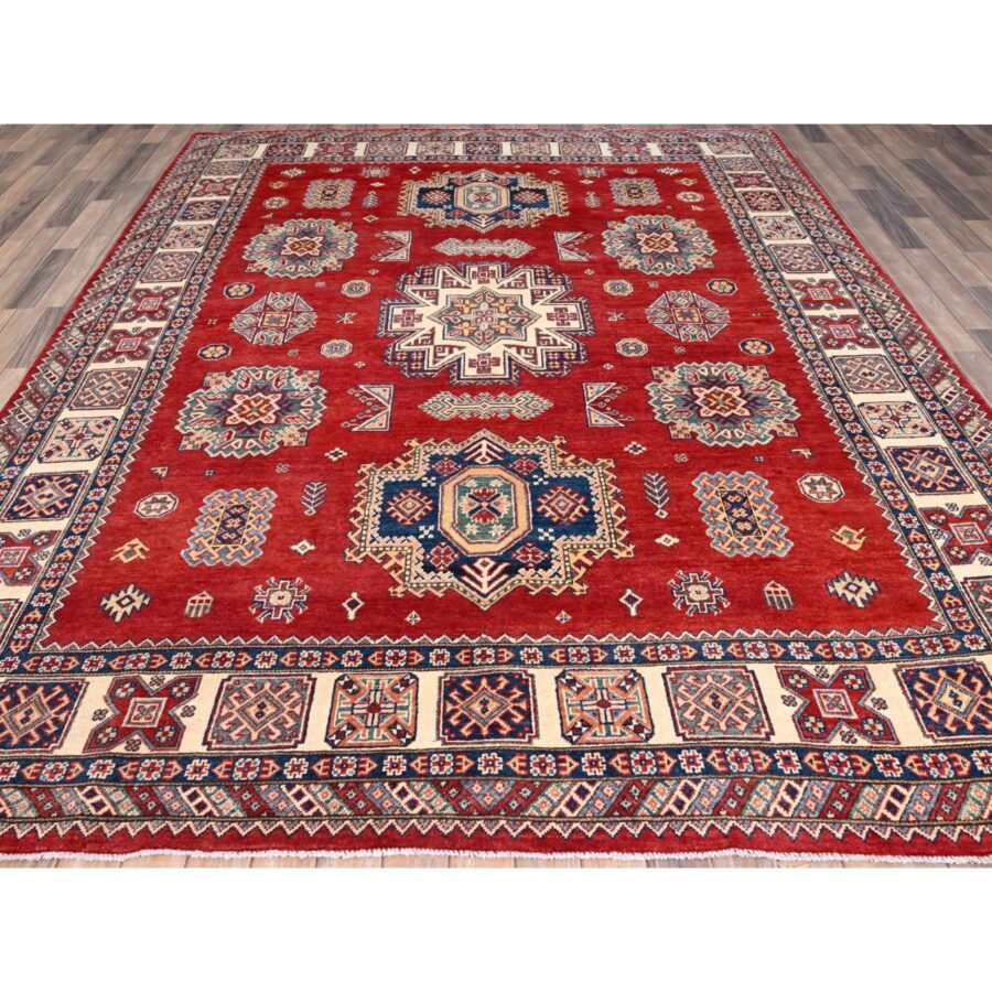 8'2"x10' Geranium Red and Acadia White Border, Special Kazak With Large Elements, Dense Weave Hand Knotted With Vegetable Dyes, Oriental Pure Wool Rug Sh86216 - Image 2