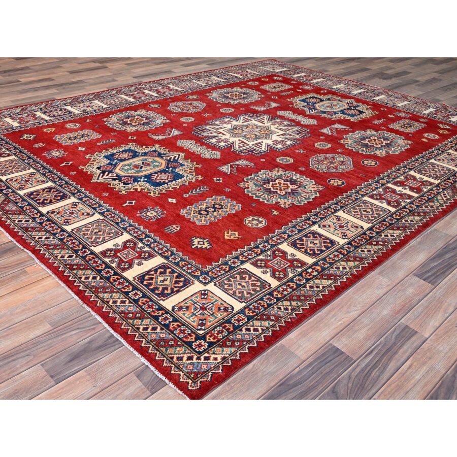 8'2"x10' Geranium Red and Acadia White Border, Special Kazak With Large Elements, Dense Weave Hand Knotted With Vegetable Dyes, Oriental Pure Wool Rug Sh86216 - Image 3