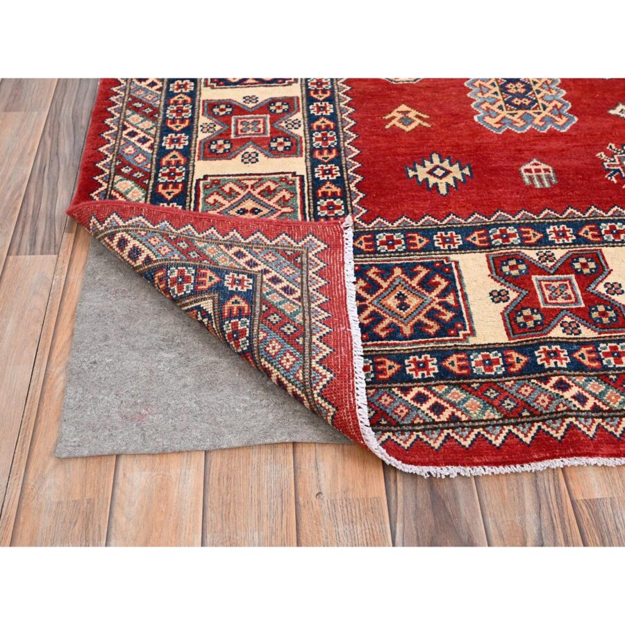 8'2"x10' Geranium Red and Acadia White Border, Special Kazak With Large Elements, Dense Weave Hand Knotted With Vegetable Dyes, Oriental Pure Wool Rug Sh86216 - Image 4