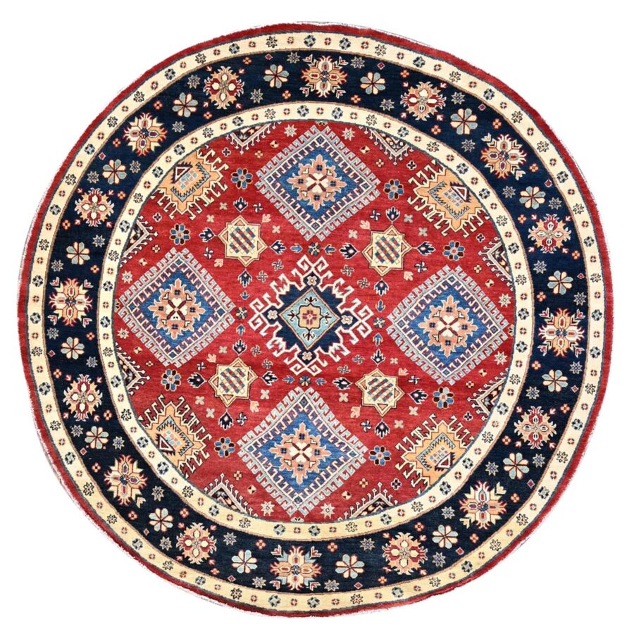 8'x8' Pepper Red and Celestial Blue, Hand Knotted Densely Woven With Natural Dyes, Shiny Wool Special Kazak With All Over Medallions, Oriental Round Rug Sh86217