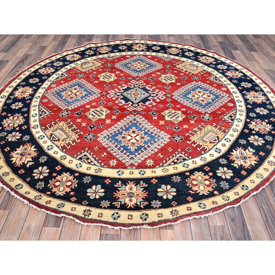 8'x8' Pepper Red and Celestial Blue, Hand Knotted Densely Woven With Natural Dyes, Shiny Wool Special Kazak With All Over Medallions, Oriental Round Rug Sh86217 - Image 2