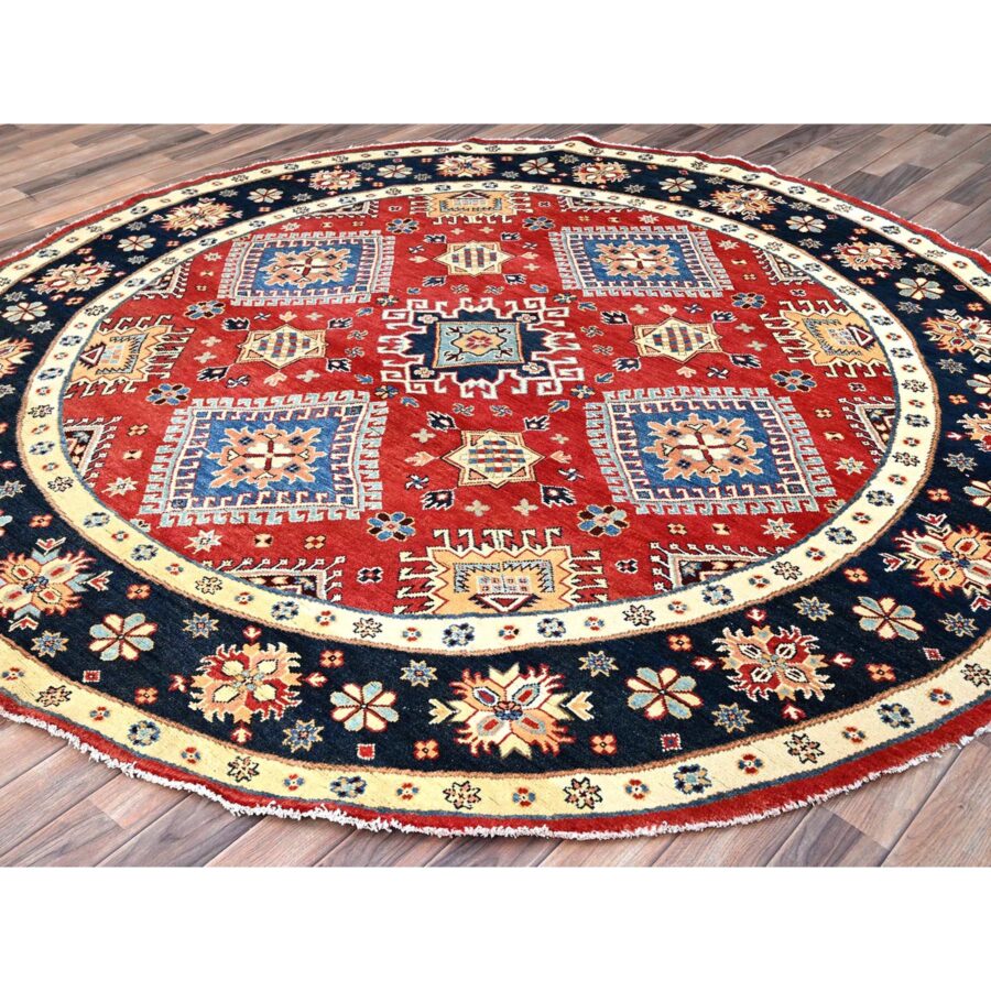 8'x8' Pepper Red and Celestial Blue, Hand Knotted Densely Woven With Natural Dyes, Shiny Wool Special Kazak With All Over Medallions, Oriental Round Rug Sh86217 - Image 3