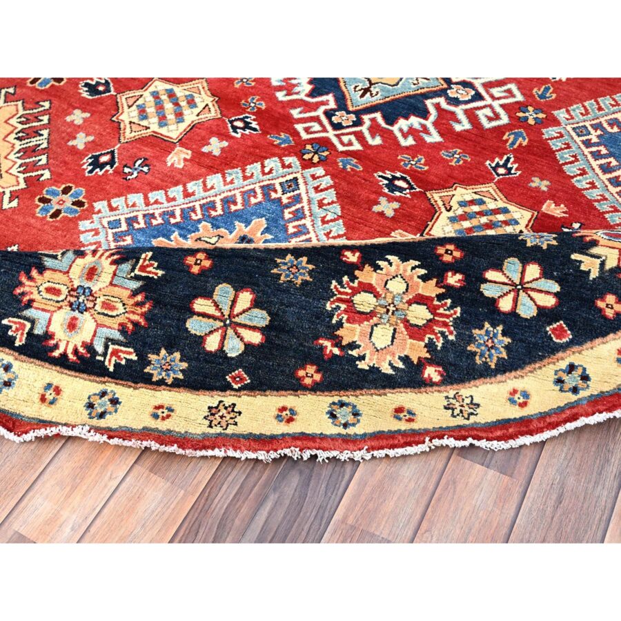 8'x8' Pepper Red and Celestial Blue, Hand Knotted Densely Woven With Natural Dyes, Shiny Wool Special Kazak With All Over Medallions, Oriental Round Rug Sh86217 - Image 4