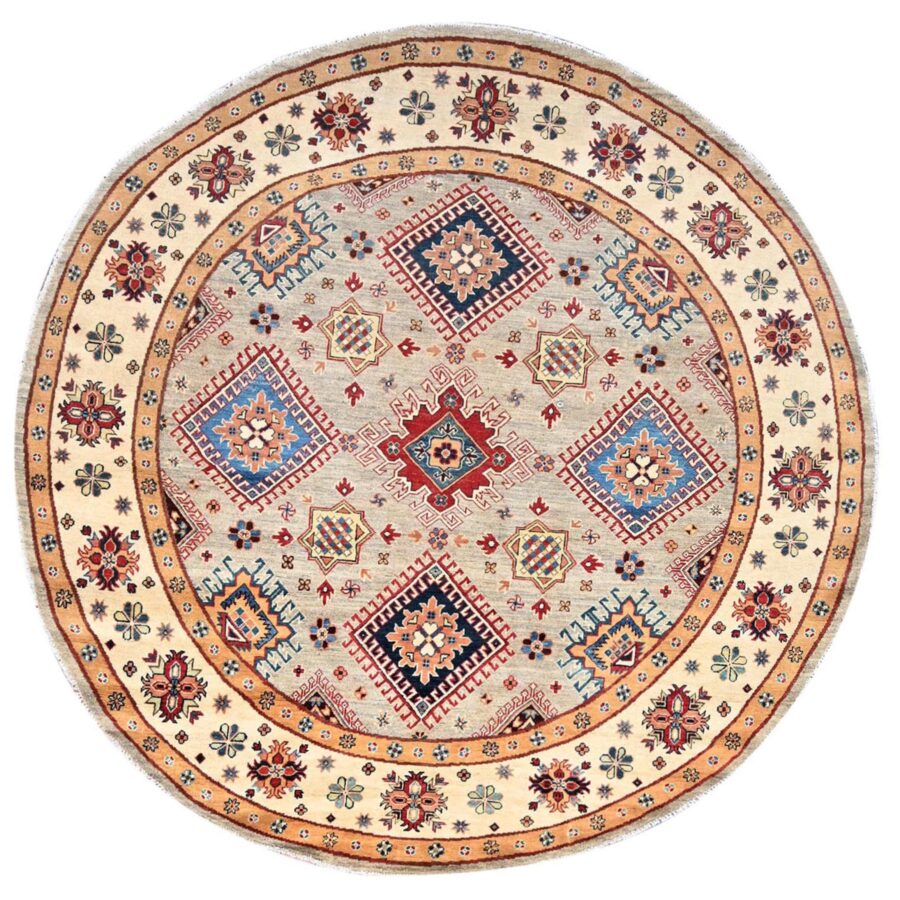 8'x8' Bamboo Brown With Dutch White, Special Kazak Geometric Design, Pure Wool, Hand Knotted, Vegetable Dyes Oriental Rug Sh86220