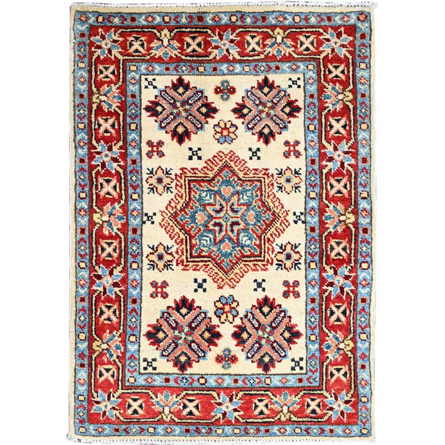 2'1"x3'1" Acadia White, Special Kazak With All Over Design, Dense Weave With Shiny Wool, Hand Knotted Natural Dyes, Oriental Mat Rug Sh86222