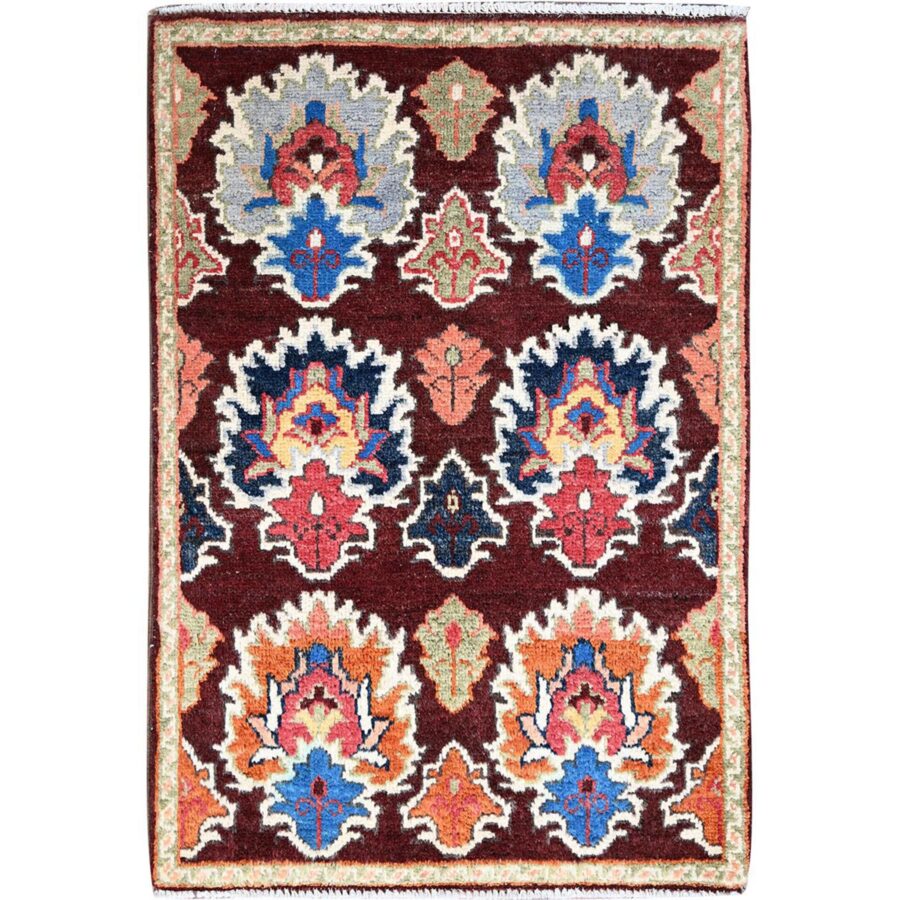 2'x3' Coffee Brown, Hand Knotted Special Kazak with Geometric Design, Natural Dyes, 100% Wool, Oriental, Mat Rug Sh86225