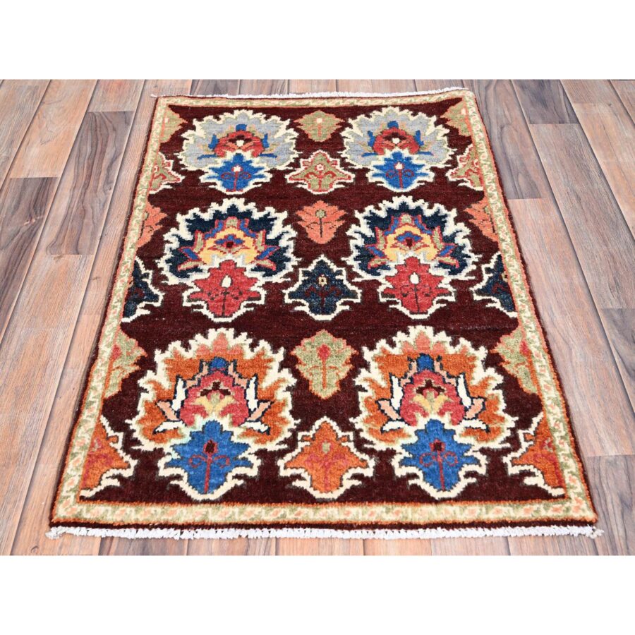 2'x3' Coffee Brown, Hand Knotted Special Kazak with Geometric Design, Natural Dyes, 100% Wool, Oriental, Mat Rug Sh86225 - Image 2