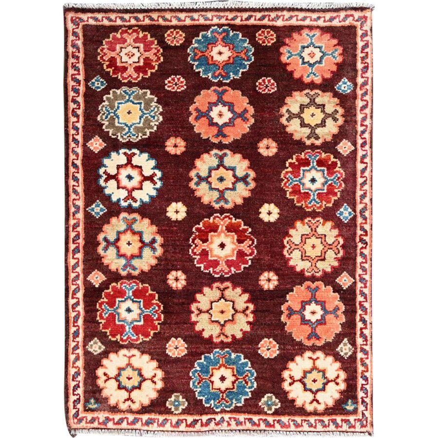 2'x2'10" Cordovan Brown, Special Kazak with Colorful Floral Motifs, Natural Dyes, Vibrant Wool, Hand Knotted, Mat Oriental Rug Sh86241
