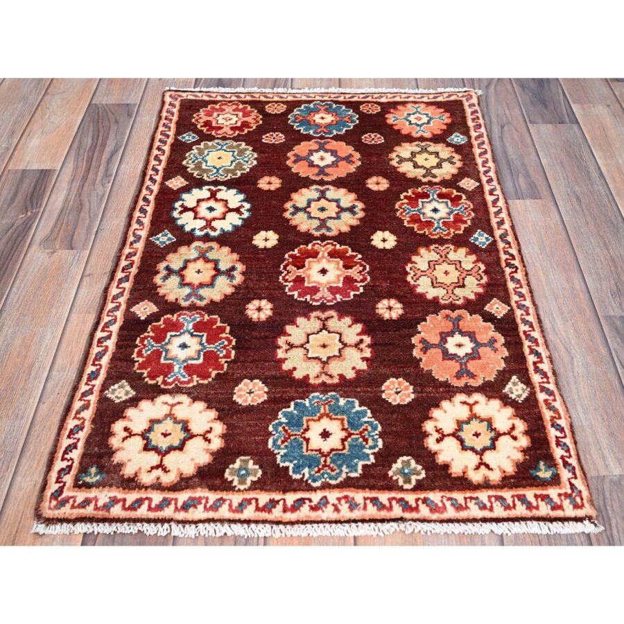 2'x2'10" Cordovan Brown, Special Kazak with Colorful Floral Motifs, Natural Dyes, Vibrant Wool, Hand Knotted, Mat Oriental Rug Sh86241 - Image 2