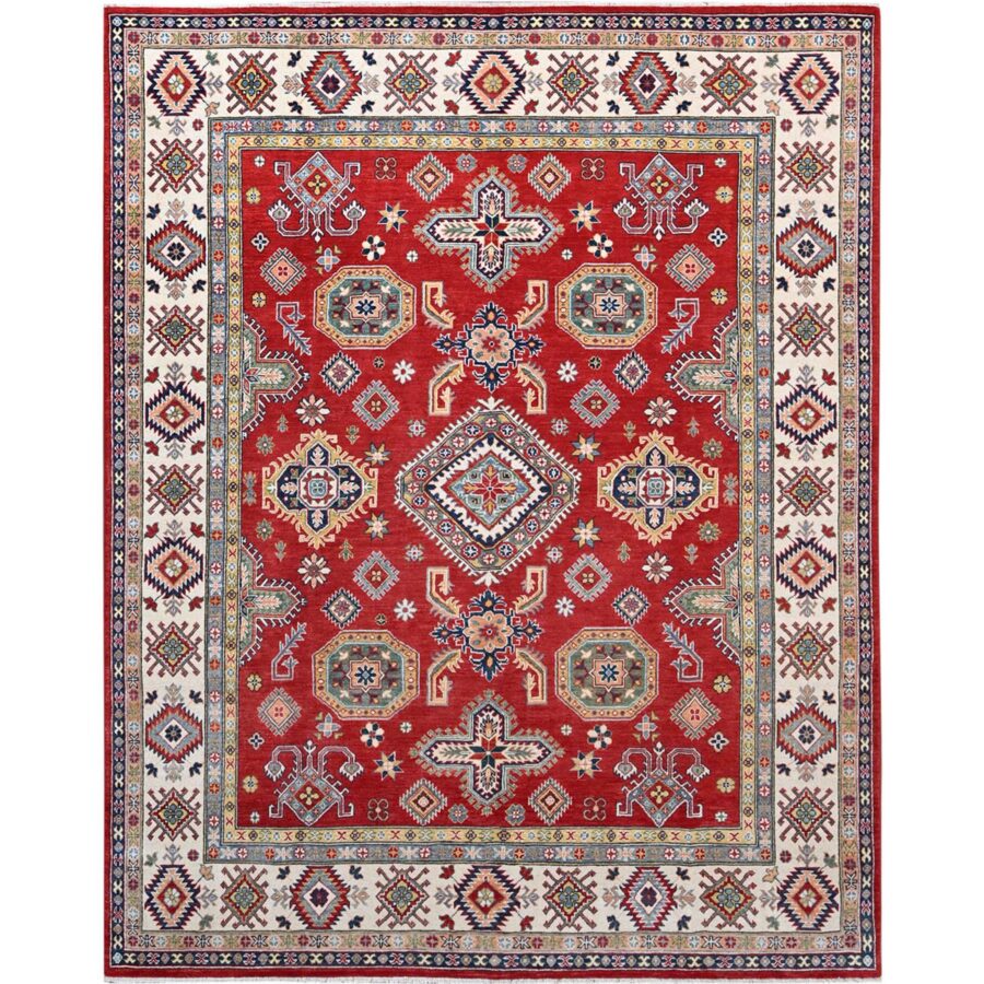 8'1"x10' Geranium Red and Bistro White, Hand Knotted Vegetable Dyes, Organic Wool Kazak with All Over Medallions, Oriental Rug Sh86794
