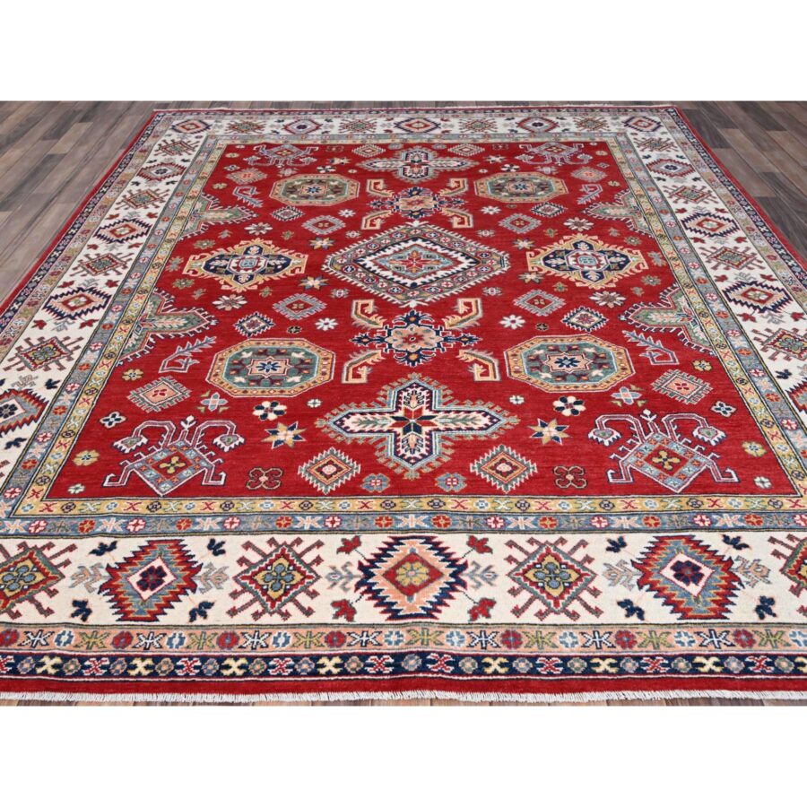8'1"x10' Geranium Red and Bistro White, Hand Knotted Vegetable Dyes, Organic Wool Kazak with All Over Medallions, Oriental Rug Sh86794 - Image 2