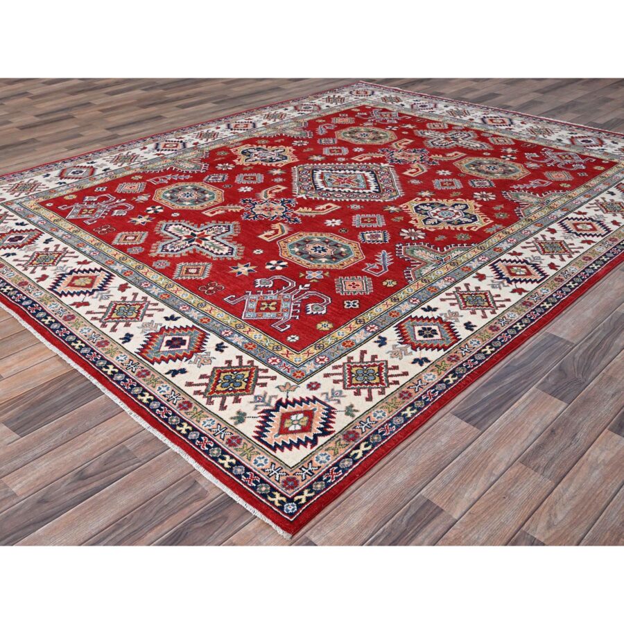 8'1"x10' Geranium Red and Bistro White, Hand Knotted Vegetable Dyes, Organic Wool Kazak with All Over Medallions, Oriental Rug Sh86794 - Image 3