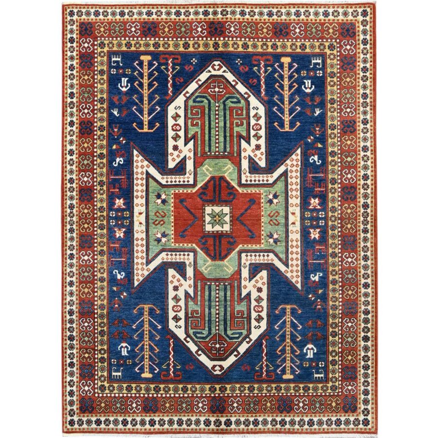 4'10"x6'5" Chatham Blue With Crab Red Border, Antiqued Caucasian Swan Design, Kazak With Small Animal and Human Figurines, Vegetable Dyes, Hand Knotted Denser Weave, All Wool, Oriental Rug Sh86807
