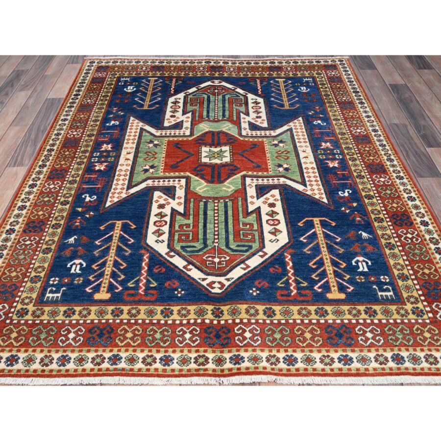 4'10"x6'5" Chatham Blue With Crab Red Border, Antiqued Caucasian Swan Design, Kazak With Small Animal and Human Figurines, Vegetable Dyes, Hand Knotted Denser Weave, All Wool, Oriental Rug Sh86807 - Image 2
