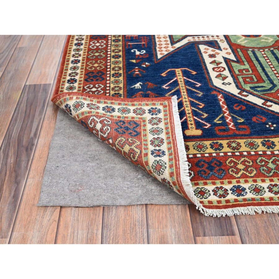 4'10"x6'5" Chatham Blue With Crab Red Border, Antiqued Caucasian Swan Design, Kazak With Small Animal and Human Figurines, Vegetable Dyes, Hand Knotted Denser Weave, All Wool, Oriental Rug Sh86807 - Image 3