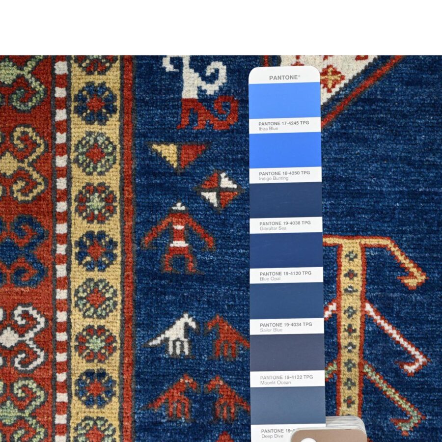 4'10"x6'5" Chatham Blue With Crab Red Border, Antiqued Caucasian Swan Design, Kazak With Small Animal and Human Figurines, Vegetable Dyes, Hand Knotted Denser Weave, All Wool, Oriental Rug Sh86807 - Image 4
