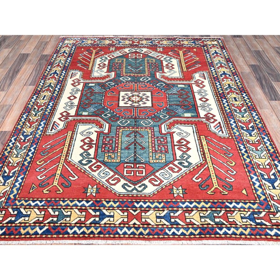 5'x6'6" Pepperoni Red, Densely Woven Organic Wool, Hand Knotted, Antiqued Caucasian Swan Kazak Design, Natural Dyes, Oriental Rug Sh86809 - Image 2