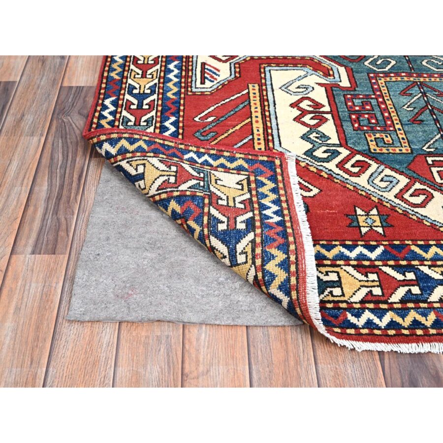 5'x6'6" Pepperoni Red, Densely Woven Organic Wool, Hand Knotted, Antiqued Caucasian Swan Kazak Design, Natural Dyes, Oriental Rug Sh86809 - Image 3