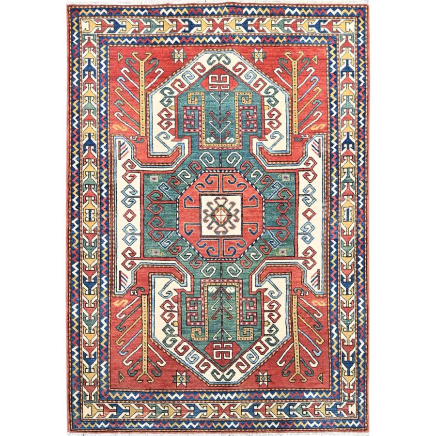 5'1"x7' Ketchup Red, Regal Blue Border, Antiqued Kazak With Caucasian Swan Design, Shiny Wool, Hand Knotted, Large Motif, Oriental Rug Sh86810
