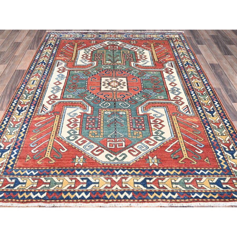 5'1"x7' Ketchup Red, Regal Blue Border, Antiqued Kazak With Caucasian Swan Design, Shiny Wool, Hand Knotted, Large Motif, Oriental Rug Sh86810 - Image 2