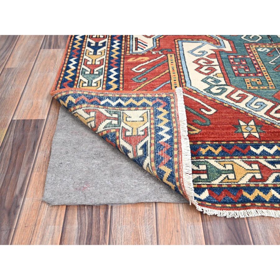 5'1"x7' Ketchup Red, Regal Blue Border, Antiqued Kazak With Caucasian Swan Design, Shiny Wool, Hand Knotted, Large Motif, Oriental Rug Sh86810 - Image 3
