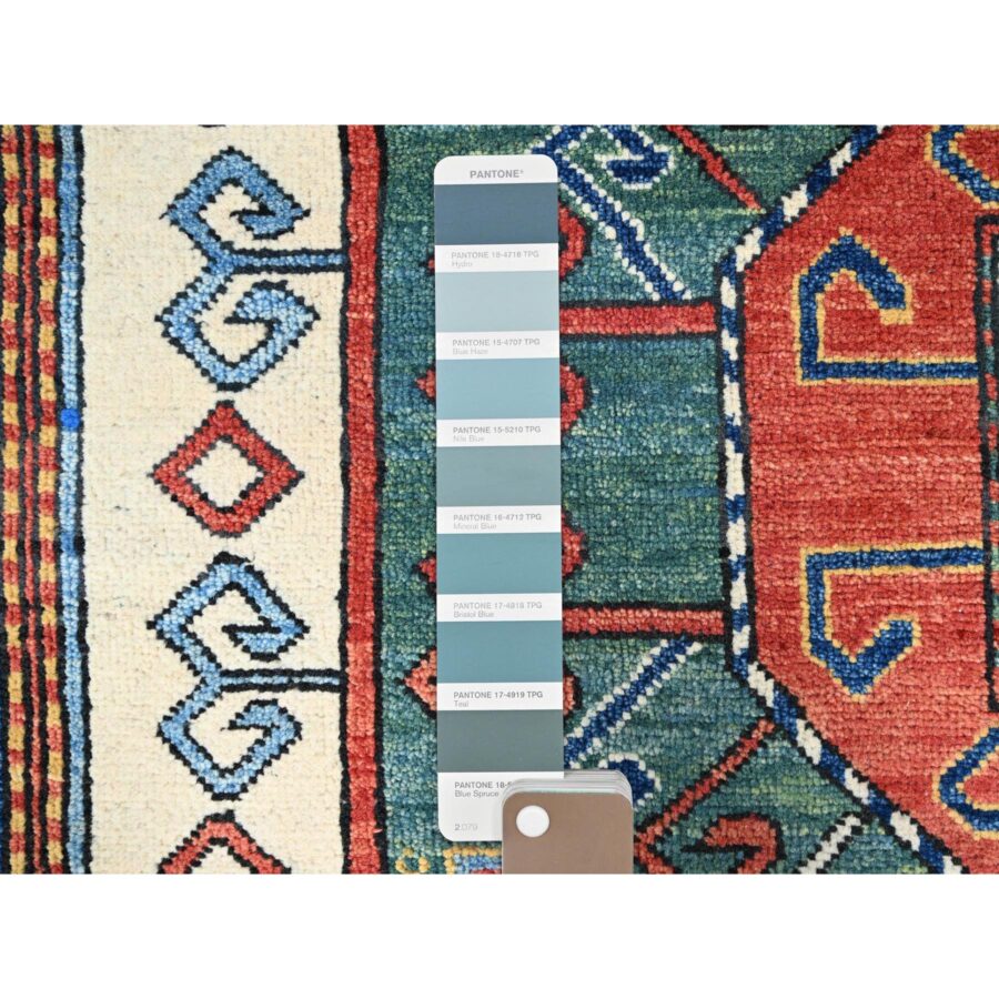 5'1"x7' Ketchup Red, Regal Blue Border, Antiqued Kazak With Caucasian Swan Design, Shiny Wool, Hand Knotted, Large Motif, Oriental Rug Sh86810 - Image 4