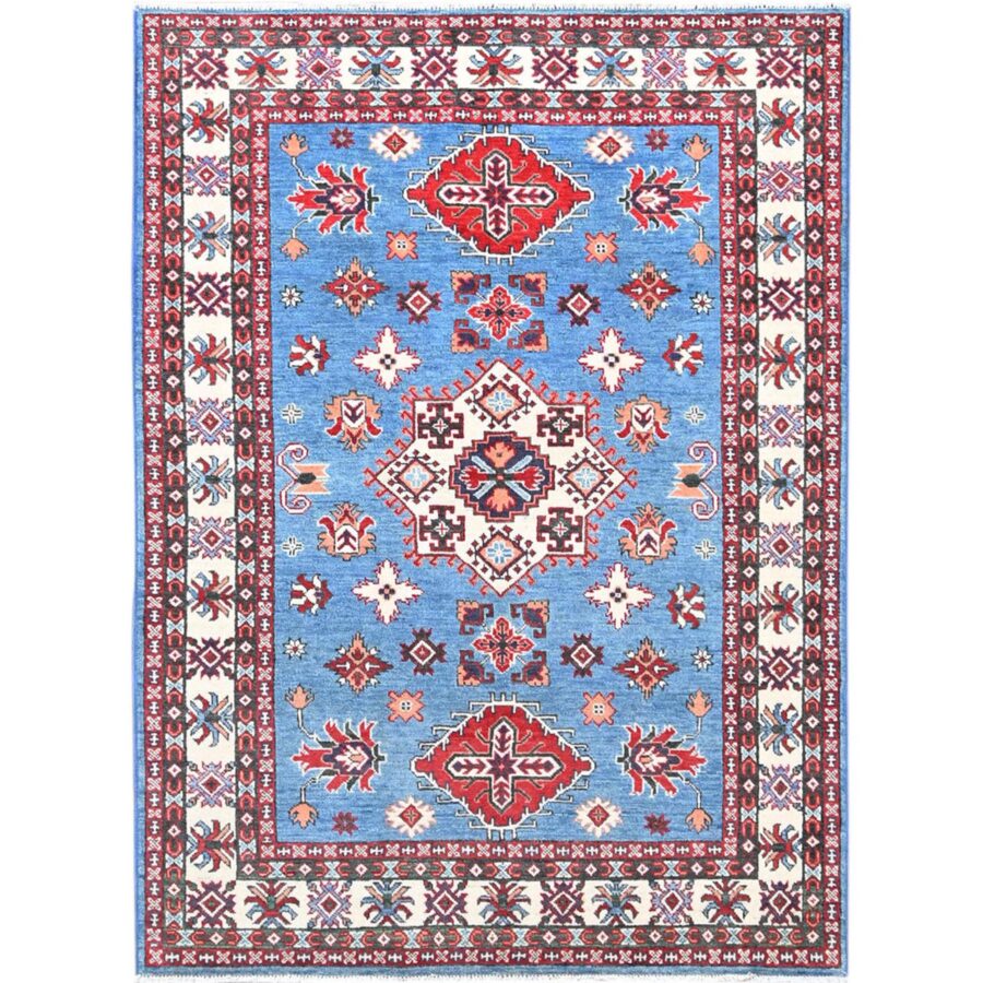 4'10"x6'7" Chetwode Blue and Oyster White, Kazak Soft Organic Wool Hand Knotted, Denser Weave, Vegetable Dyes Oriental Rug Sh86811