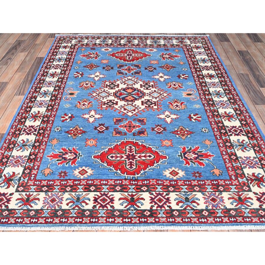 4'10"x6'7" Chetwode Blue and Oyster White, Kazak Soft Organic Wool Hand Knotted, Denser Weave, Vegetable Dyes Oriental Rug Sh86811 - Image 2