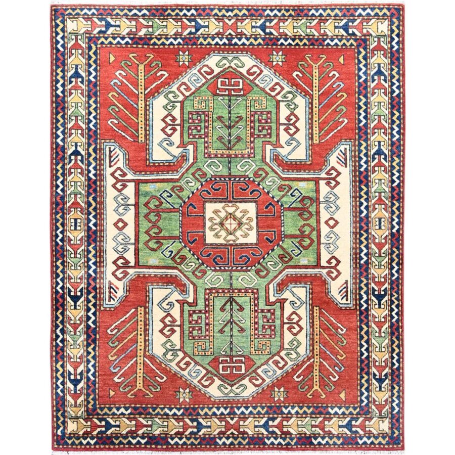 5'x6'3" Auburn Red With Bistro White, Densely Woven, Antiqued Kazak Hand Knotted Caucasian Swan Design, Soft and Velvety Wool, Natural Dyes, Oriental Rug Sh86812