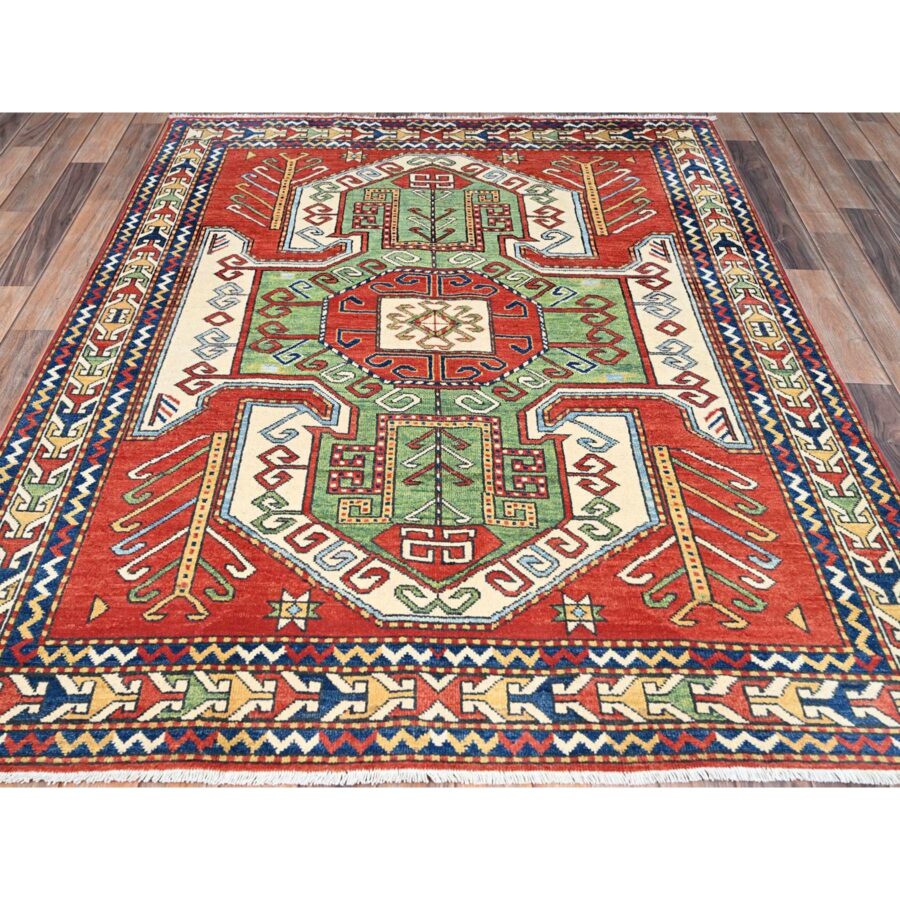 5'x6'3" Auburn Red With Bistro White, Densely Woven, Antiqued Kazak Hand Knotted Caucasian Swan Design, Soft and Velvety Wool, Natural Dyes, Oriental Rug Sh86812 - Image 2