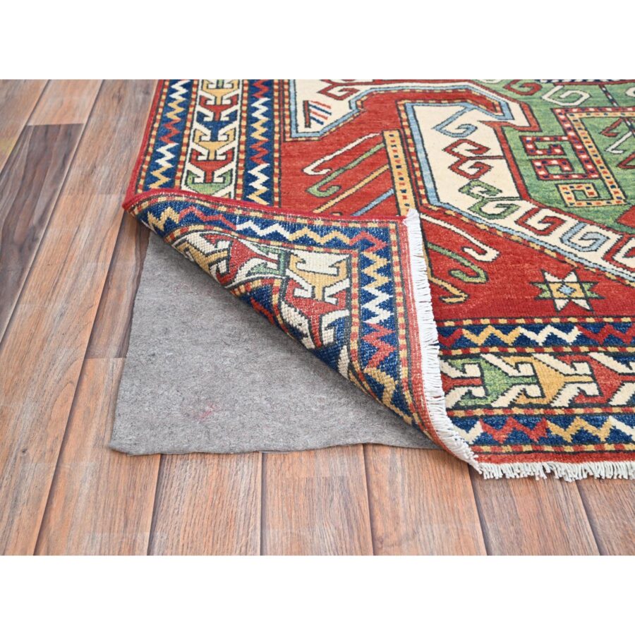 5'x6'3" Auburn Red With Bistro White, Densely Woven, Antiqued Kazak Hand Knotted Caucasian Swan Design, Soft and Velvety Wool, Natural Dyes, Oriental Rug Sh86812 - Image 3