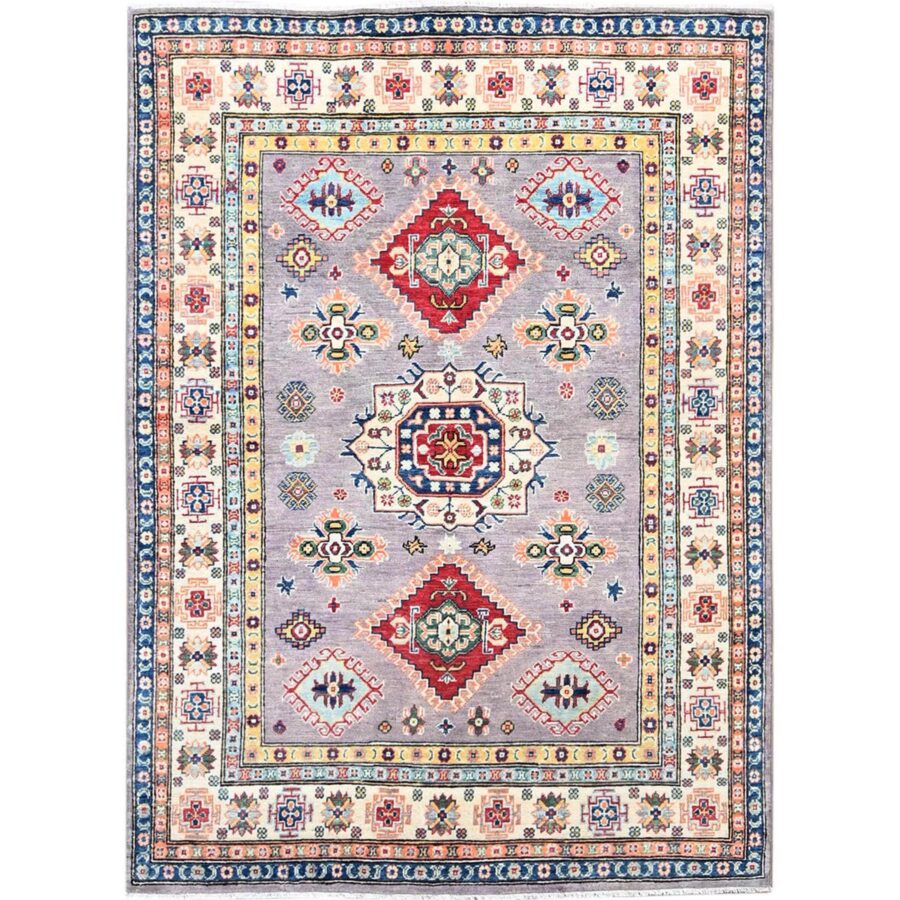 4'10"x6'7" Dove Gray, Vegetable Dyes, Kazak Hand Knotted Denser Weave All Over Tribal Motifs, Natural Wool, Oriental Rug Sh86814